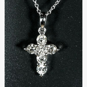 14K White Gold Diamond Cross Pendant with Chain-Length 16"+2